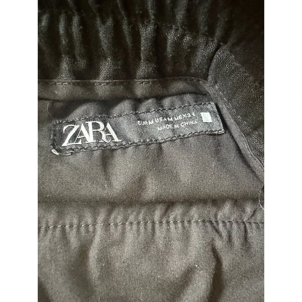 Zara Women's Black  Pants Elastic Waistband and Drawstring Linen 50% Viscose 50%